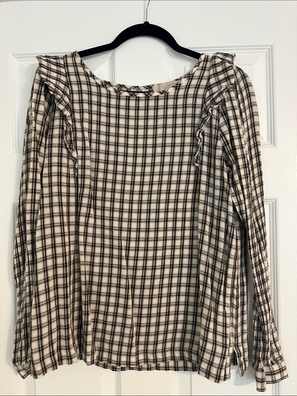 LOFT Cream and Black Plaid Long-Sleeve Ruffle Detail Top